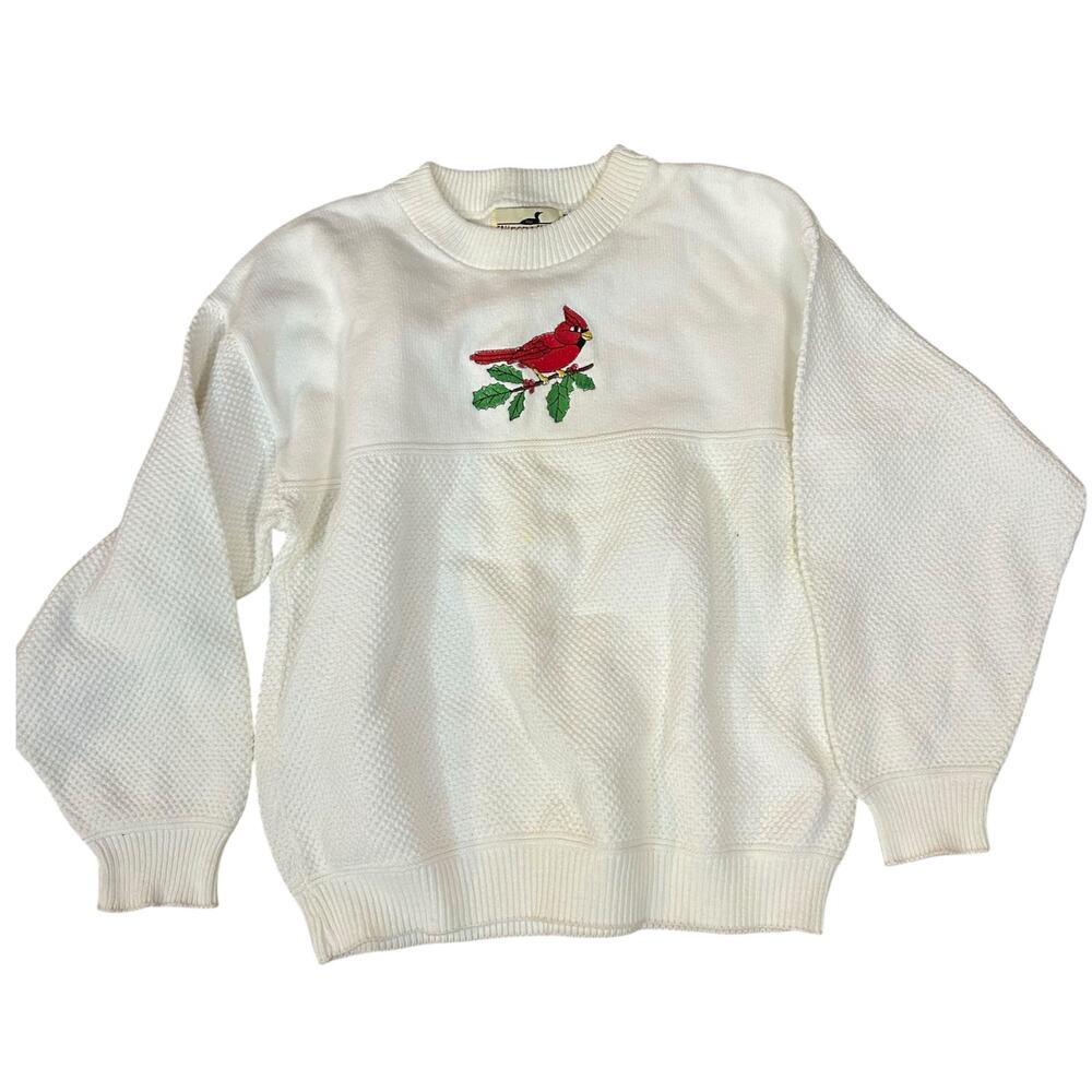 Vintage White Crew Winona Knits Sweater Red Cardinal Bird Womens Medium USA